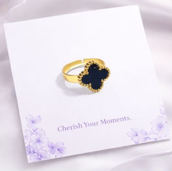 Black Clover Adjustable Ring for Women – Gold Finish Elegant Statement Ring