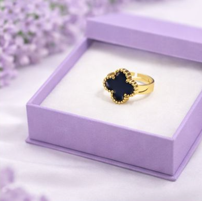 Black Clover Adjustable Ring for Women – Gold Finish Elegant Statement Ring