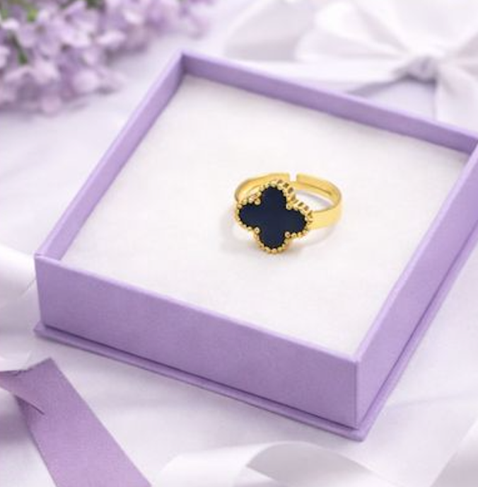 Black Clover Adjustable Ring for Women – Gold Finish Elegant Statement Ring