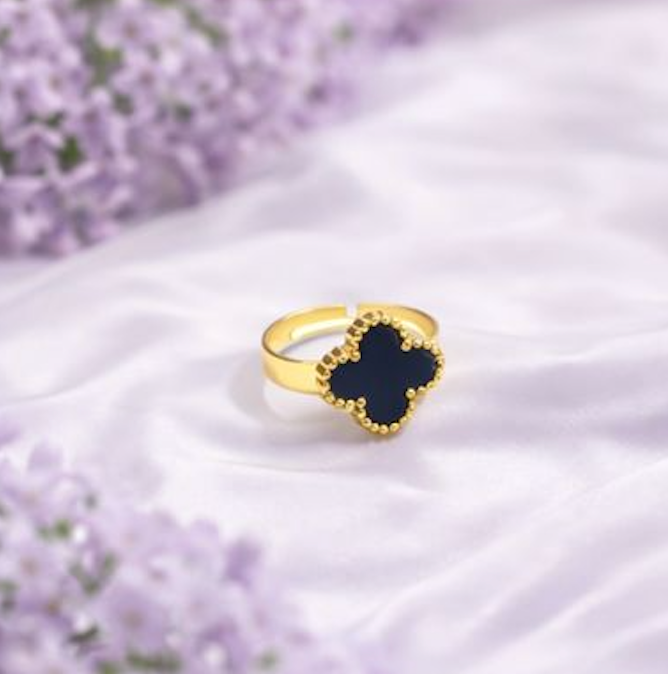 Black Clover Adjustable Ring for Women – Gold Finish Elegant Statement Ring