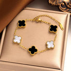 Black & White Clover Bracelet for Women – Gold Chain Adjustable Charm Bracelet