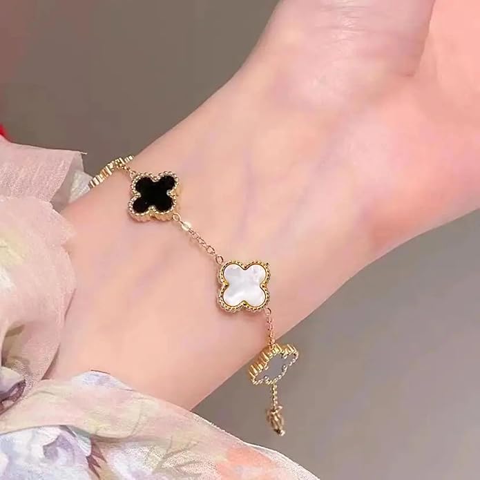 Black & White Clover Bracelet for Women – Gold Chain Adjustable Charm Bracelet