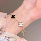 Black & White Clover Bracelet for Women – Gold Chain Adjustable Charm Bracelet