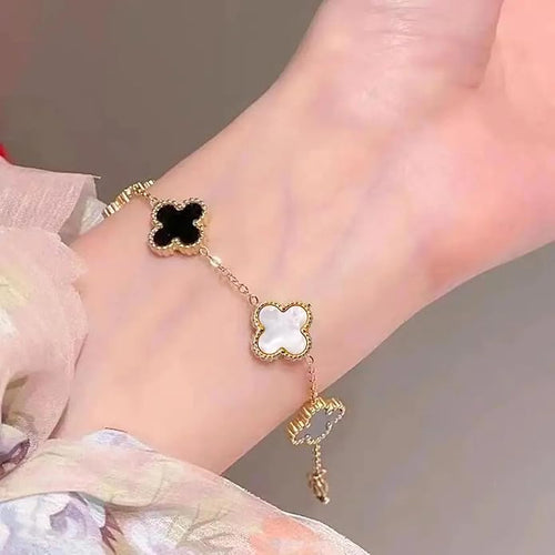 Black & White Clover Bracelet for Women – Gold Chain Adjustable Charm Bracelet