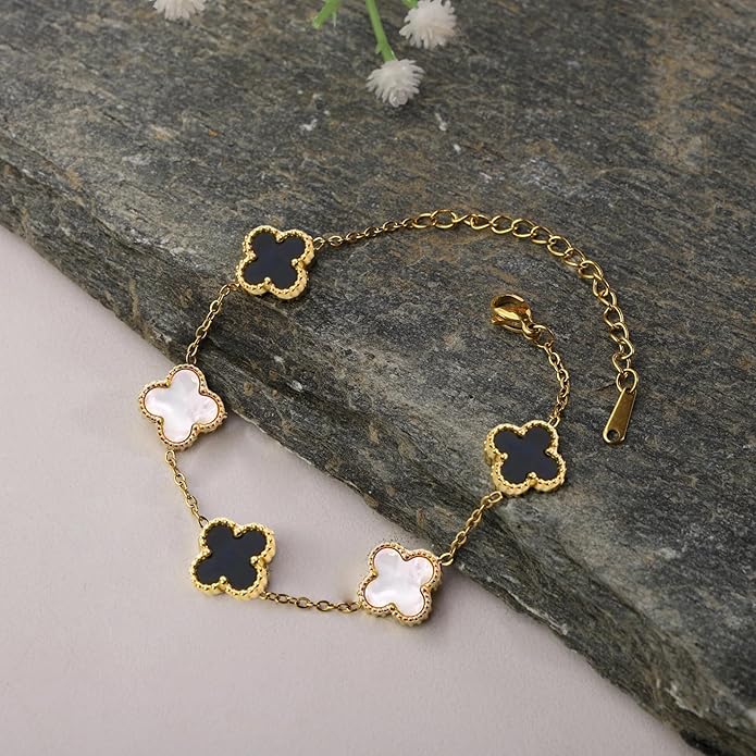 Black & White Clover Bracelet for Women – Gold Chain Adjustable Charm Bracelet