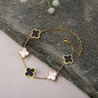 Black & White Clover Bracelet for Women – Gold Chain Adjustable Charm Bracelet