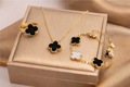 Black & White Clover Jewelry Combo Set | Gold Plated Necklace, Bracelet & Ring for Women