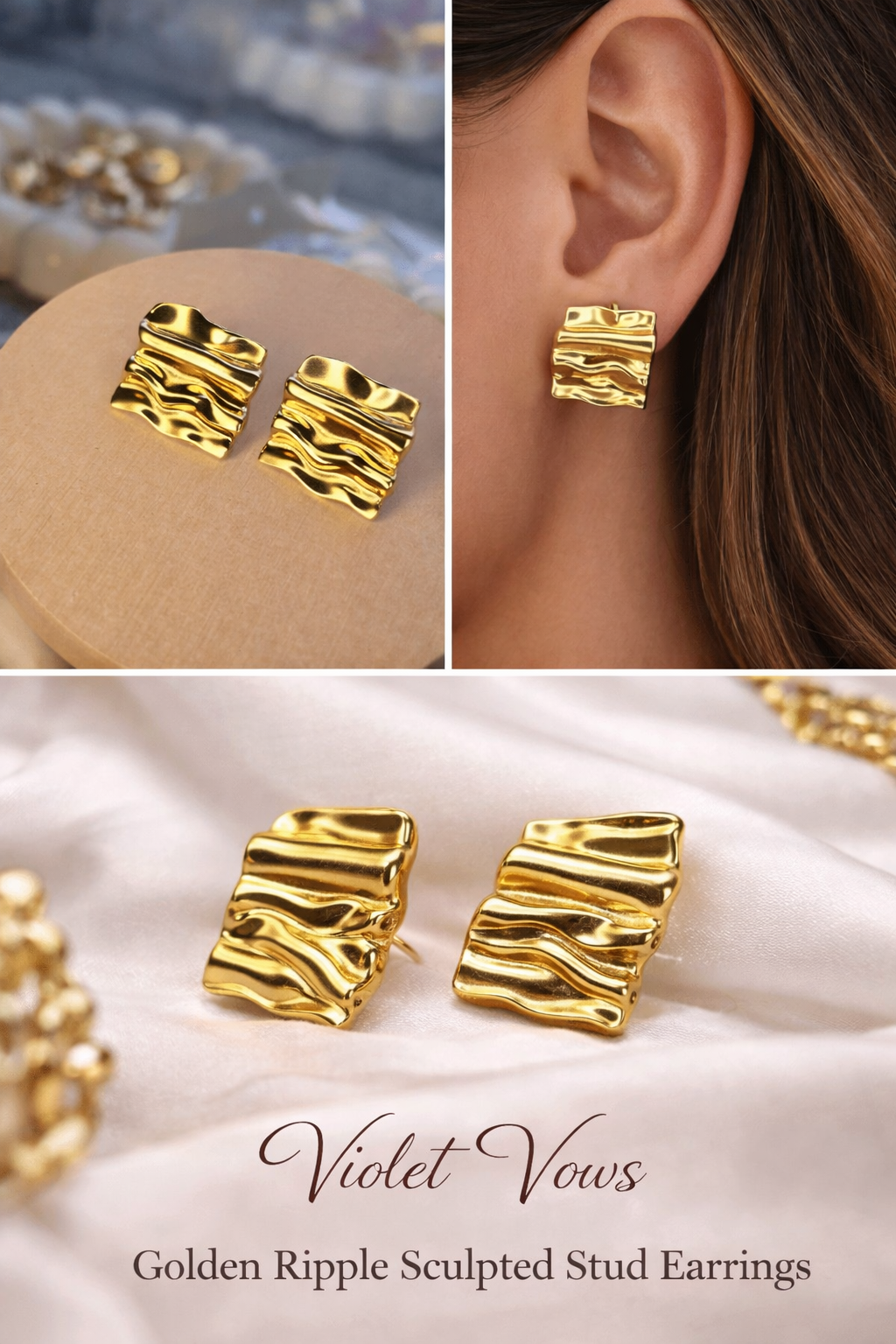 Golden Ripple Sculpted Stud Earrings