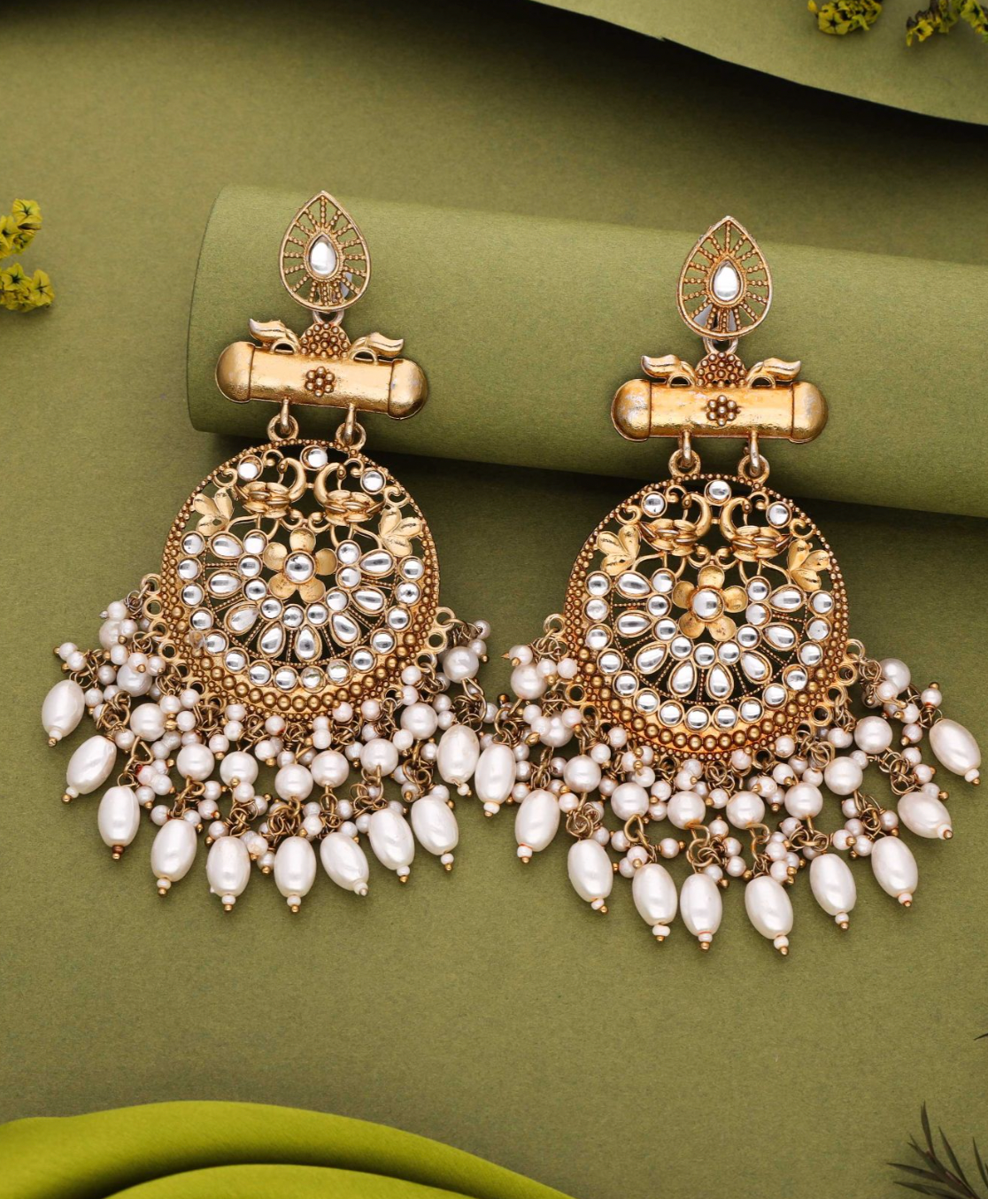 Kismat - Kundan Pearl Studded Dangle Earrings - Gold