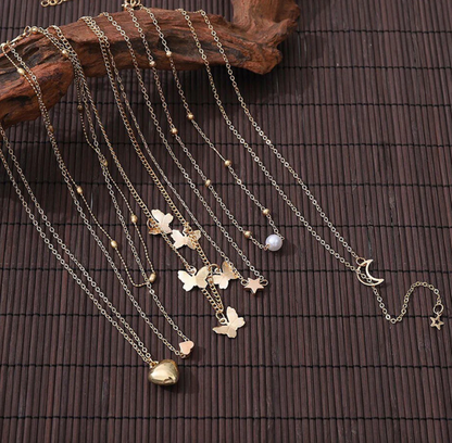 Gold Plated Butterfly inspired Set of 6 Layered Necklace For Women