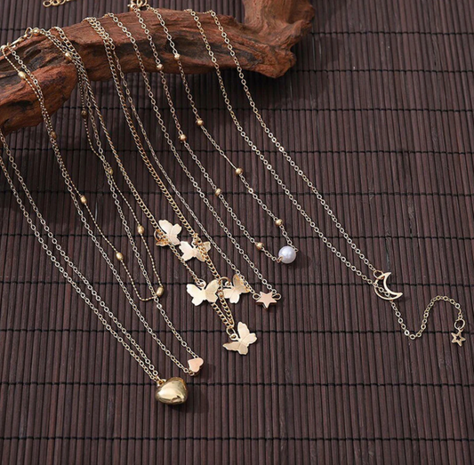 Gold Plated Butterfly inspired Set of 6 Layered Necklace For Women