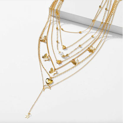 Gold Plated Butterfly inspired Set of 6 Layered Necklace For Women