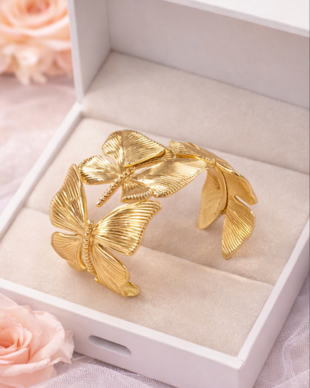 Gold Finish Butterfly Open Cuff Bracelet for Women | Anti-Tarnish Statement Bracelet