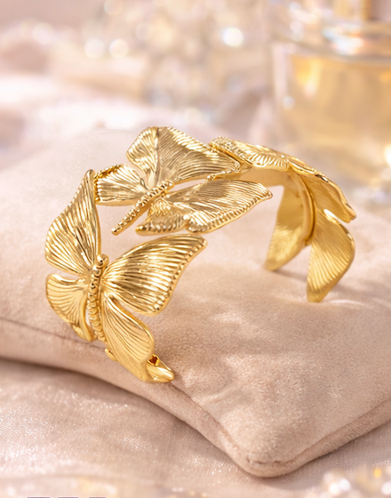 Gold Finish Butterfly Open Cuff Bracelet for Women | Anti-Tarnish Statement Bracelet