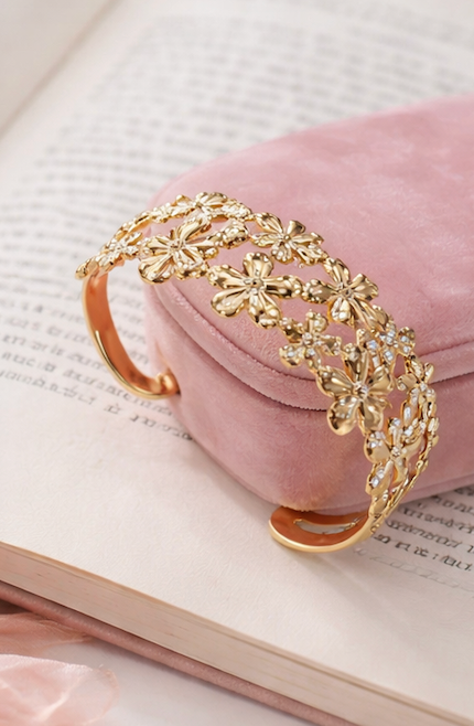 Gold Finish Floral Open Cuff Bracelet for Women | Anti-Tarnish Statement Bracelet
