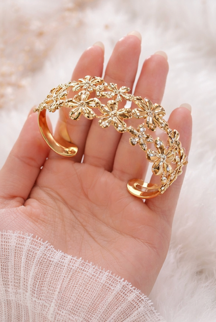 Gold Finish Floral Open Cuff Bracelet for Women | Anti-Tarnish Statement Bracelet