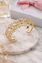 Gold Finish Floral Open Cuff Bracelet for Women | Anti-Tarnish Statement Bracelet