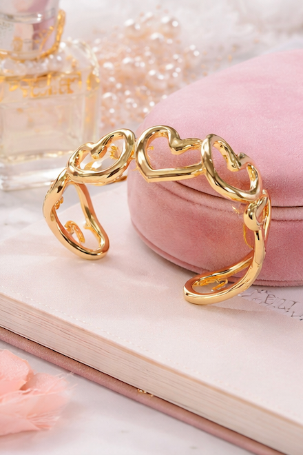 Gold Finish Heart Open Cuff Bracelet for Women | Anti-Tarnish Statement Bracelet
