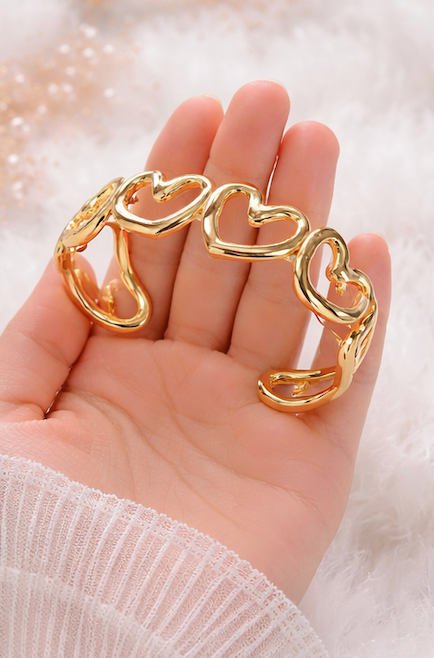 Gold Finish Heart Open Cuff Bracelet for Women | Anti-Tarnish Statement Bracelet