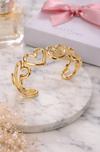 Gold Finish Heart Open Cuff Bracelet for Women | Anti-Tarnish Statement Bracelet