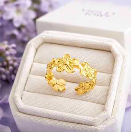 Gold Floral Adjustable Ring for Women