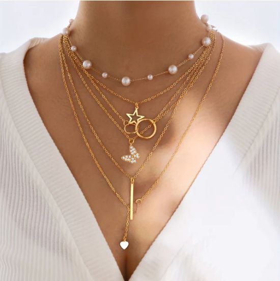 Gold Plated Butterfly inspired Set of 5 Layered Necklace For Women
