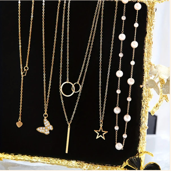 Gold Plated Butterfly inspired Set of 5 Layered Necklace For Women