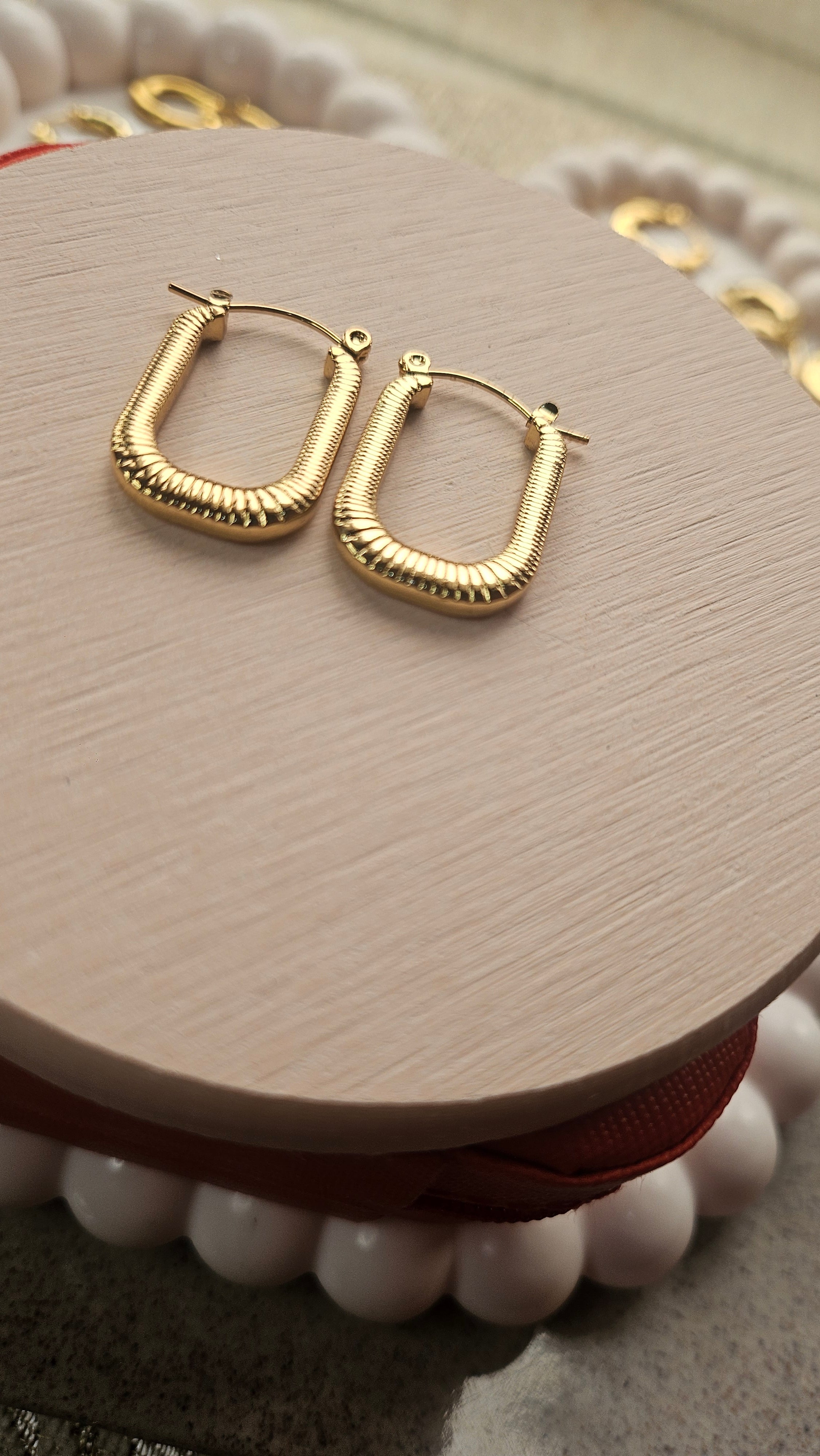 Gold Ribbed U-Shape Hoop Earrings