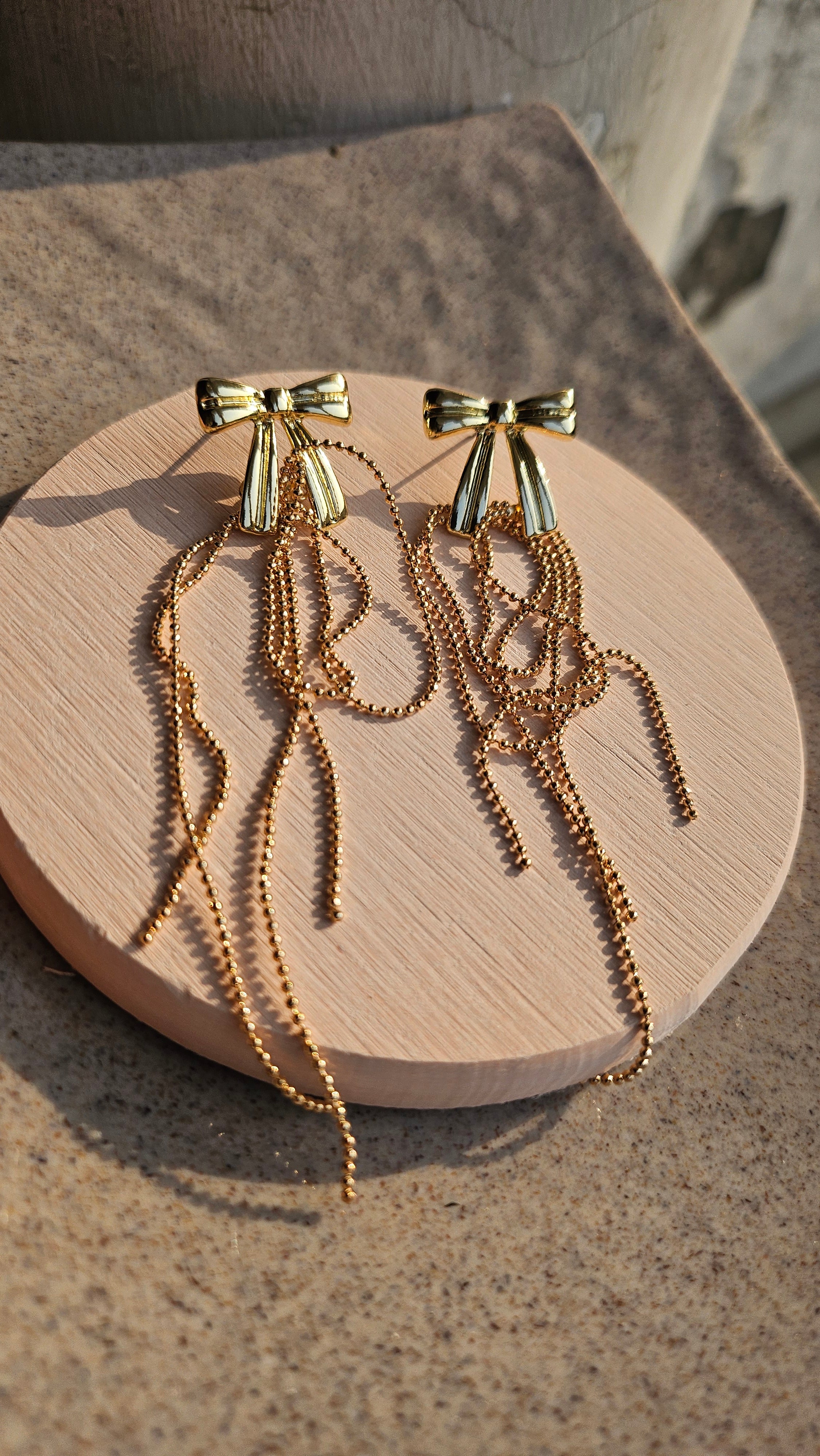 Gold Structured Bow Chain Drop Earrings