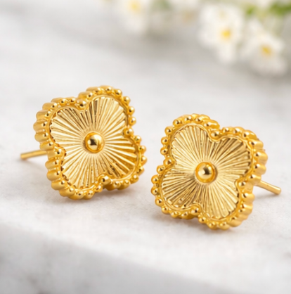 Gold Textured clover Stud Earrings for Women