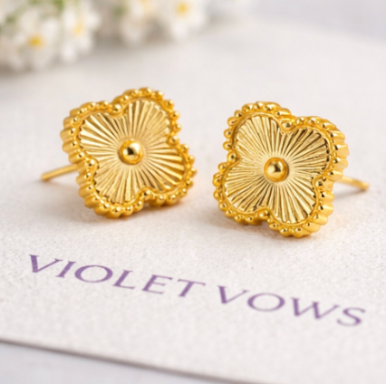 Gold Textured clover Stud Earrings for Women