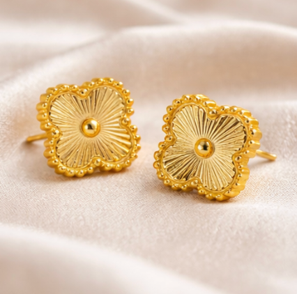 Gold Textured clover Stud Earrings for Women