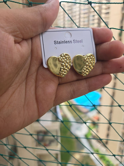 Golden Dual-Texture Heart Studs