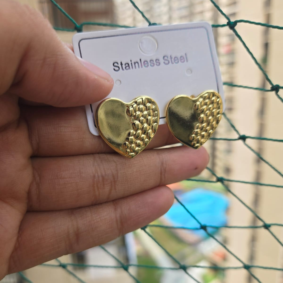 Golden Dual-Texture Heart Studs
