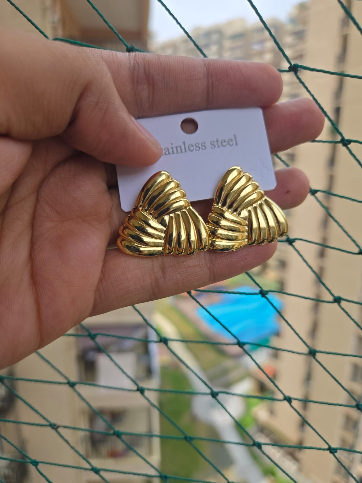 Golden Dual-Texture Triangle Studs