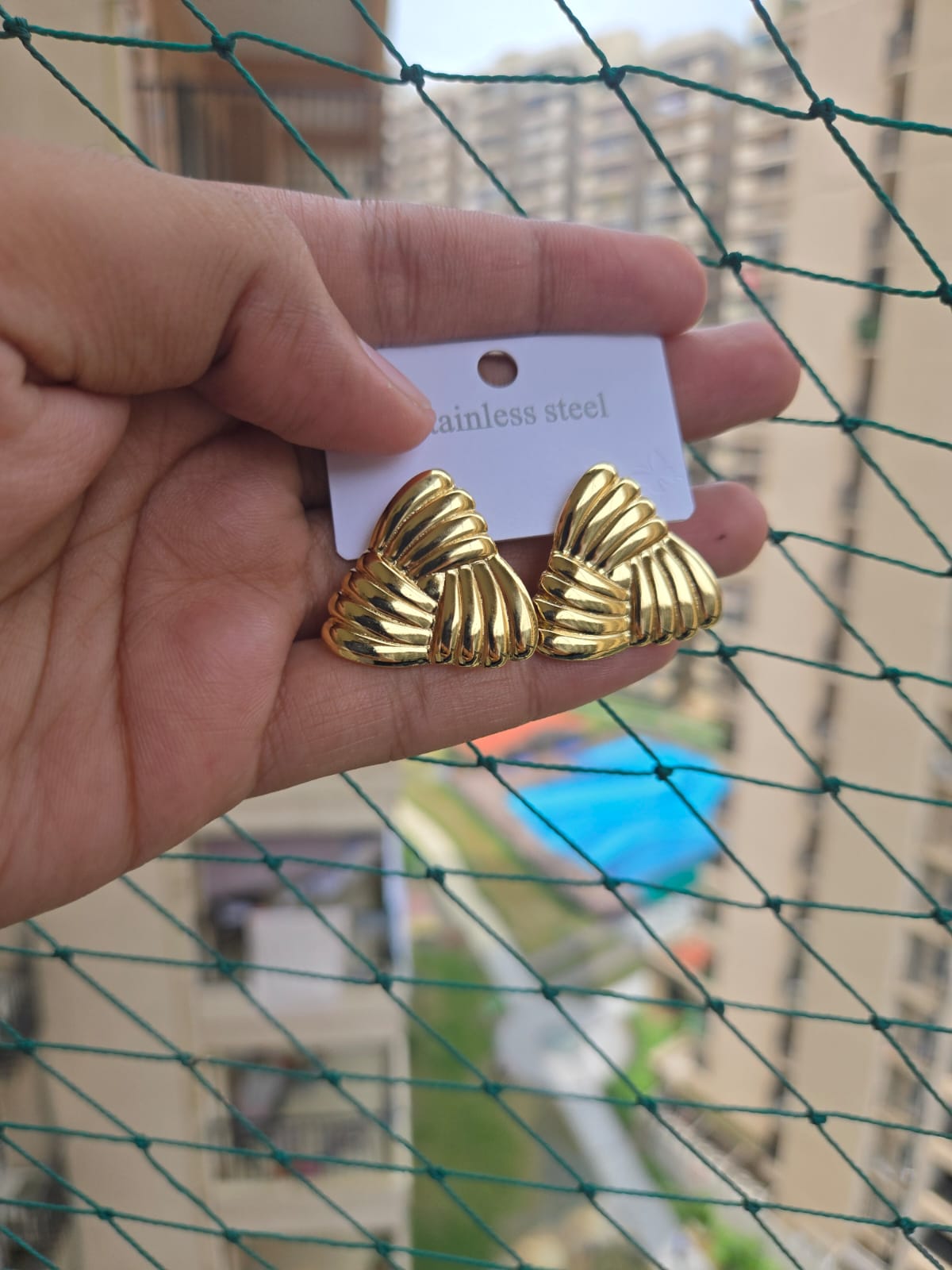 Golden Dual-Texture Triangle Studs