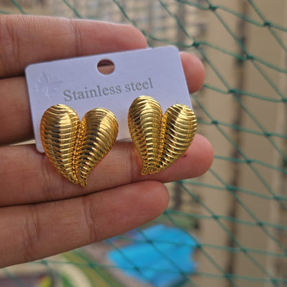 Golden Ribbed Heart Studs