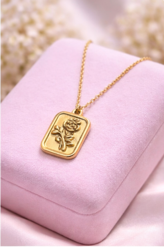 Golden Rose Square Pendant Necklace for Women – Anti-Tarnish Imitation Jewellery