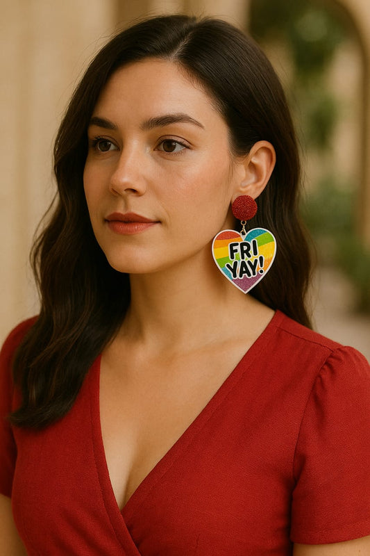 Playful "Fri-Yay!" Heart Dangle Earrings