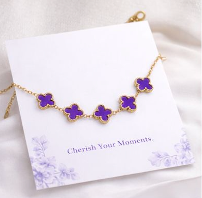 Purple Clover Flower Bracelet for Women – Gold Chain Adjustable Charm Bracelet