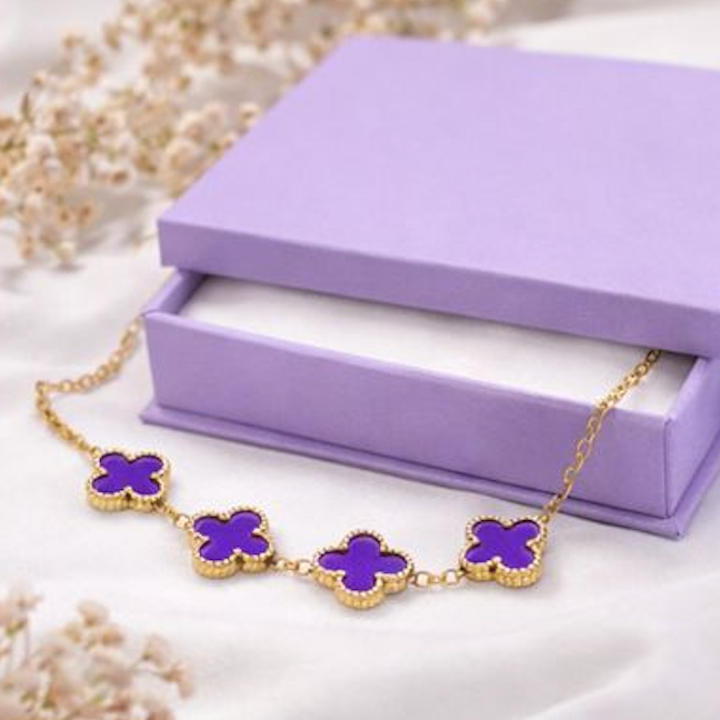 Purple Clover Flower Bracelet for Women – Gold Chain Adjustable Charm Bracelet