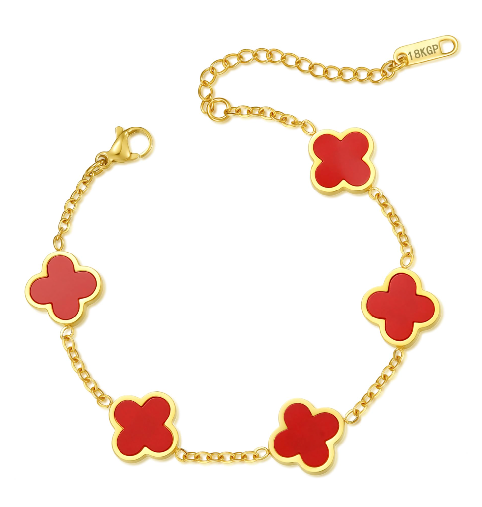 Red Clover Flower Bracelet for Women – Gold Chain Adjustable Charm Bracelet