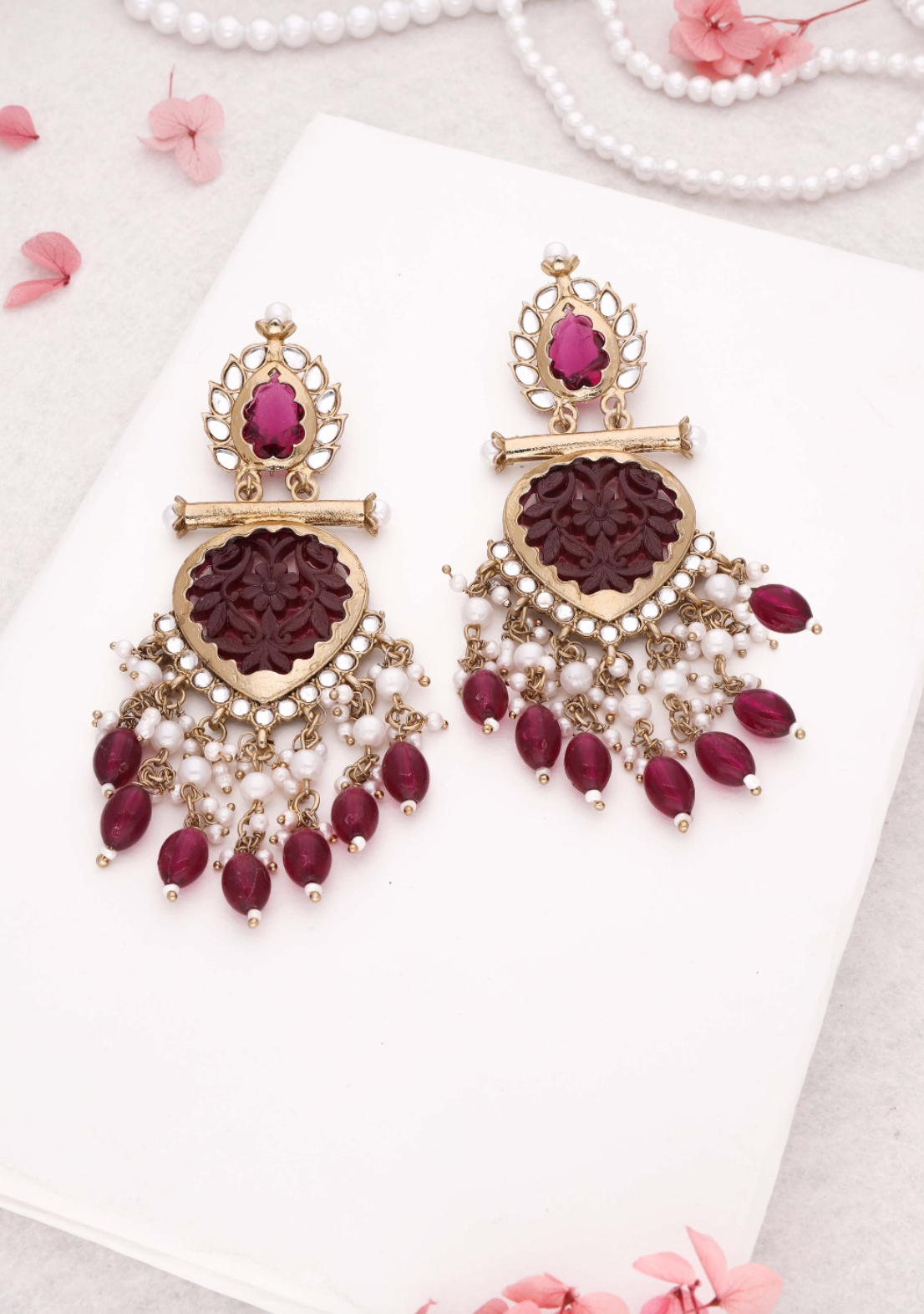 Zalima - Kundan-Studded Long Dangle Earring - Maroon