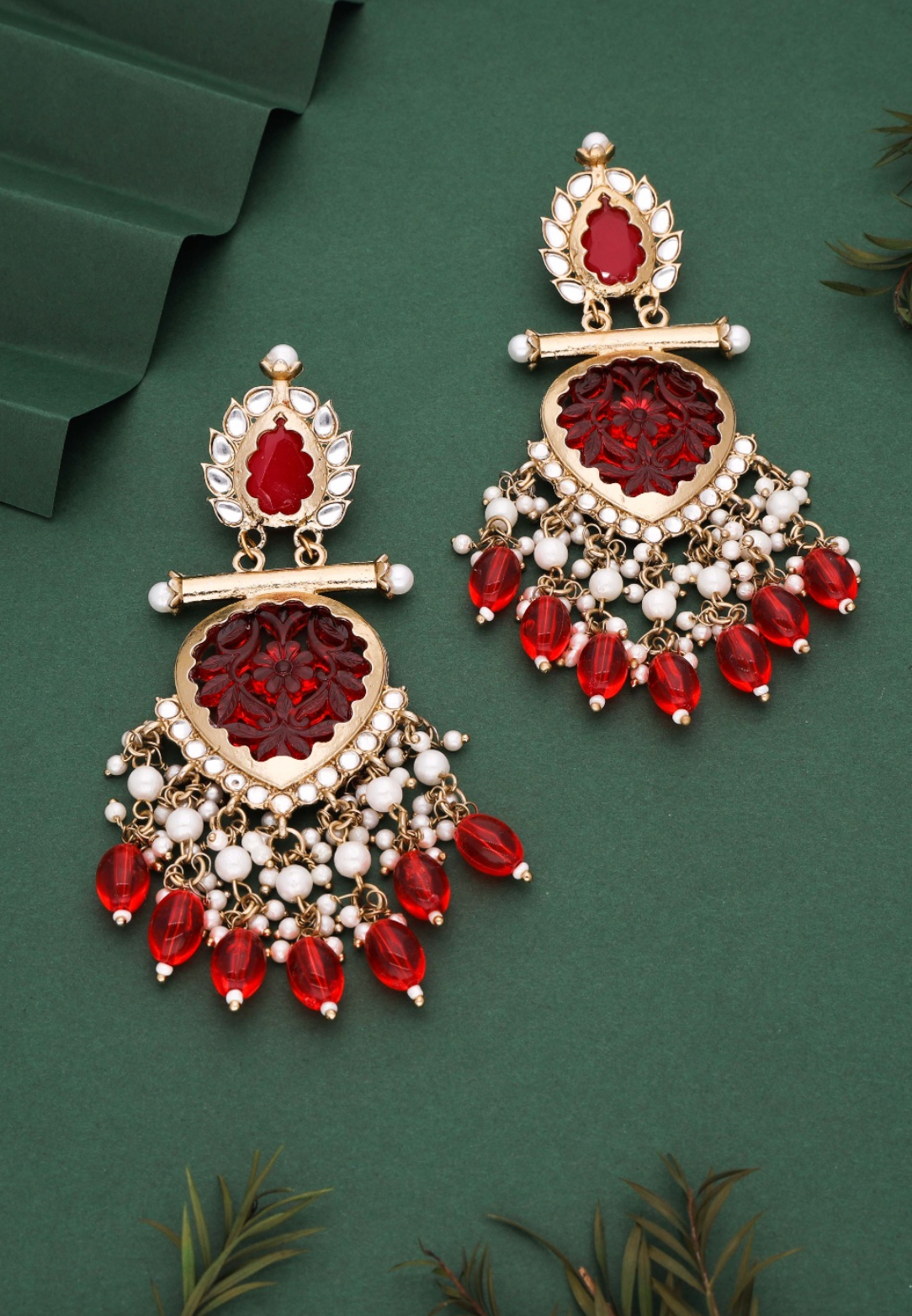 Zalima - Kundan-Studded Long Dangle Earring - Red