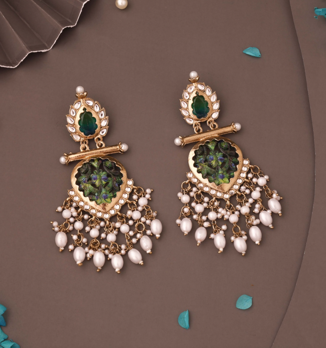 Zalima - Kundan-Studded Long Dangle Earring - Green