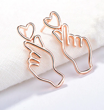 Rose Gold Plated Finger Heart Style Korean Stud Earrings