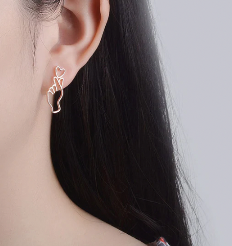 Rose Gold Plated Finger Heart Style Korean Stud Earrings