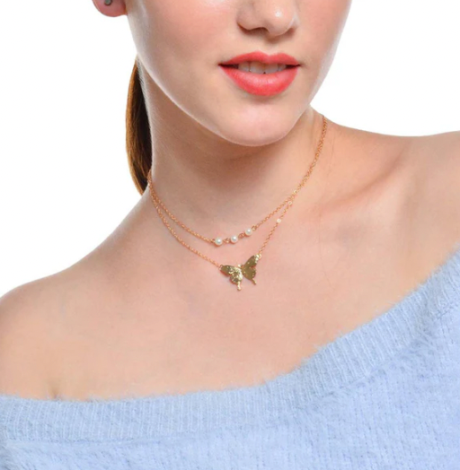 Pearl Butterfly Gold Plated Multi Layer Necklace For Women