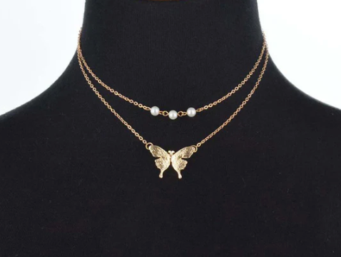 Pearl Butterfly Gold Plated Multi Layer Necklace For Women