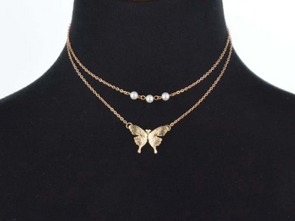 Pearl Butterfly Gold Plated Multi Layer Necklace For Women